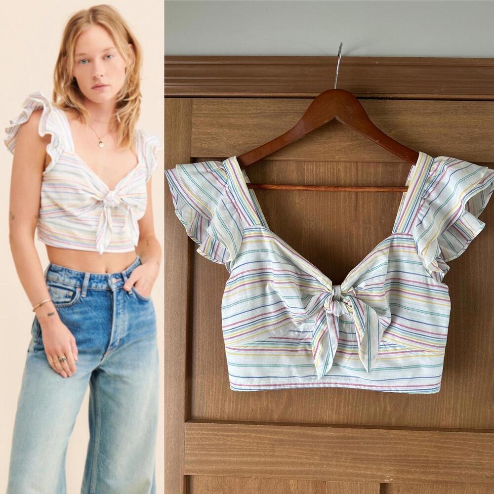 Anthropologie Maeve Striped Tie-Front Flutter Sleeve Crop Top Women’s size XS​